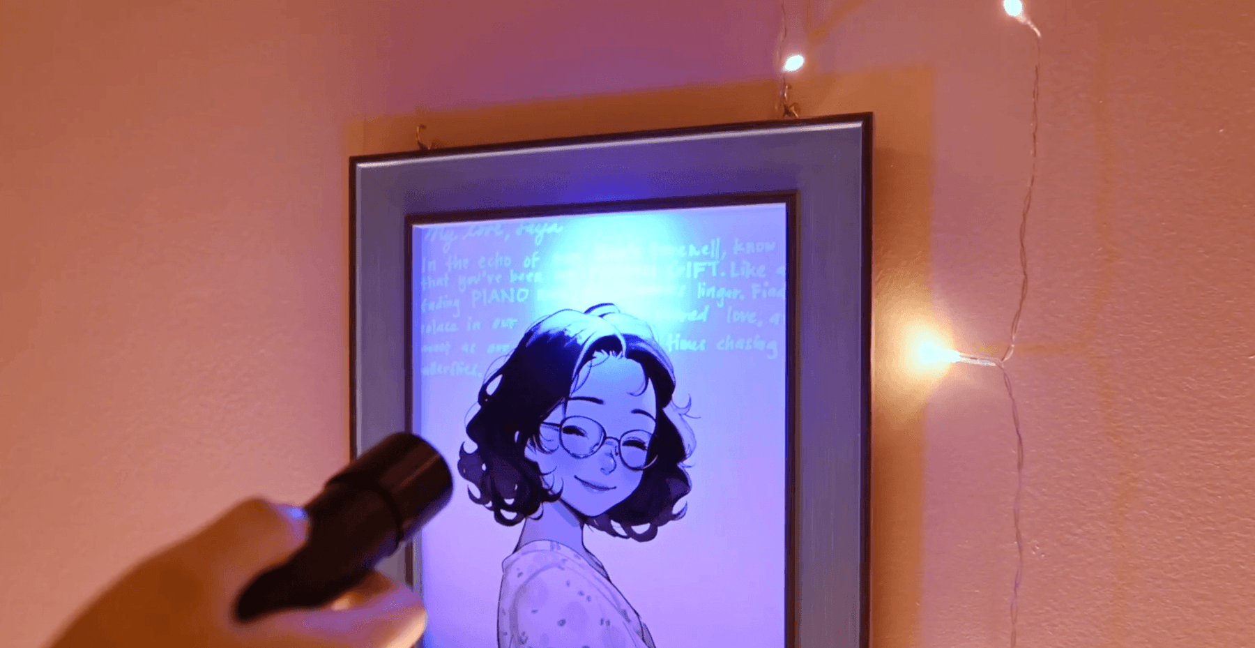 A flashlight revealing Saya's portrait inside the escape room