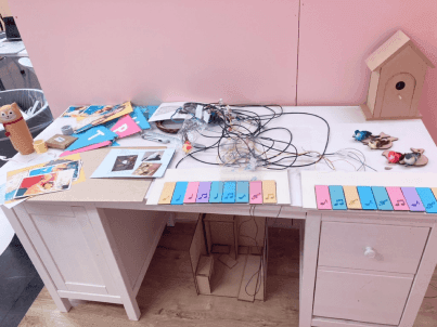 Puzzle materials arranged on the pink cabinet