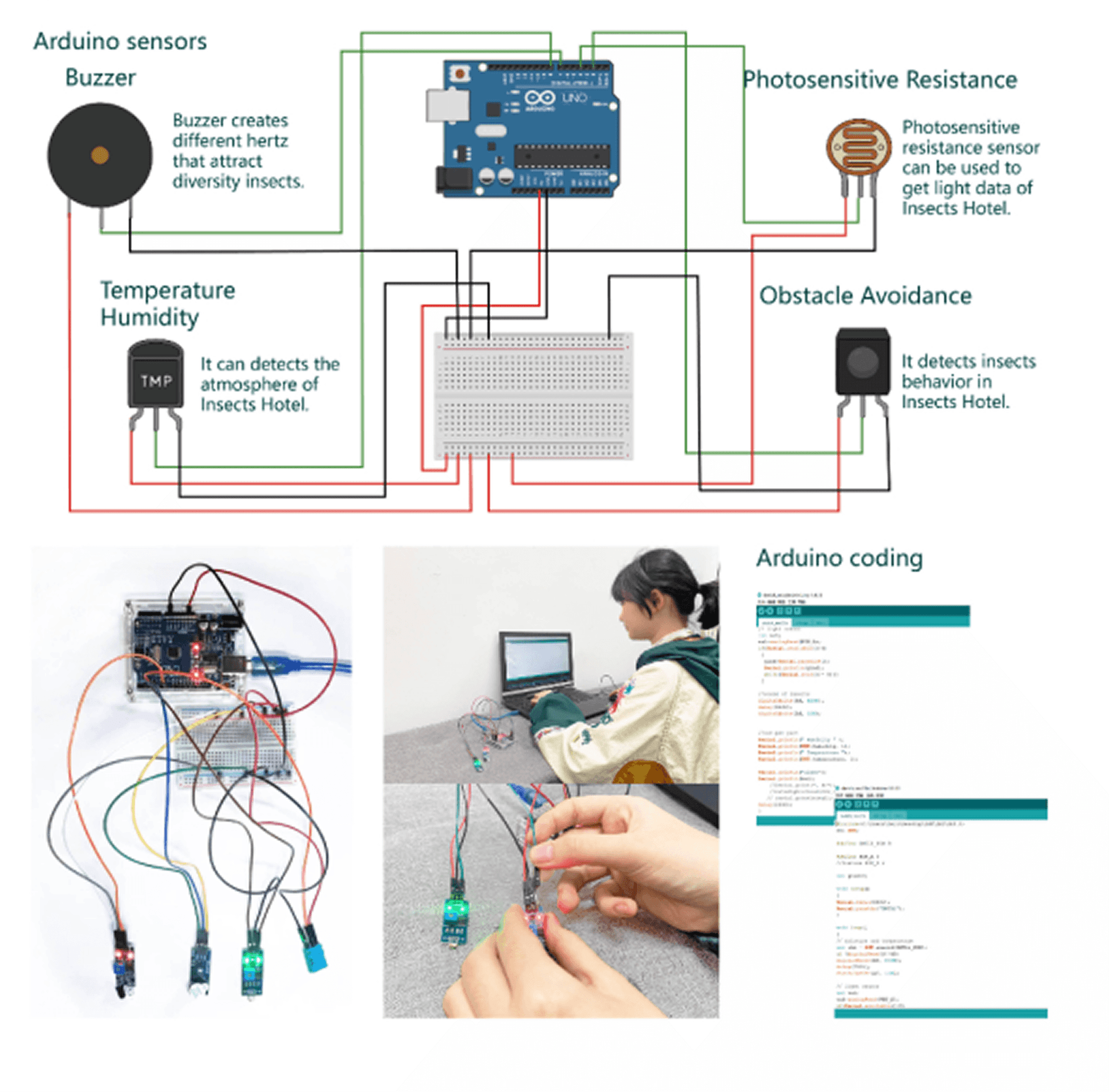 Arduino prototype with sensors, circuit diagram and code
