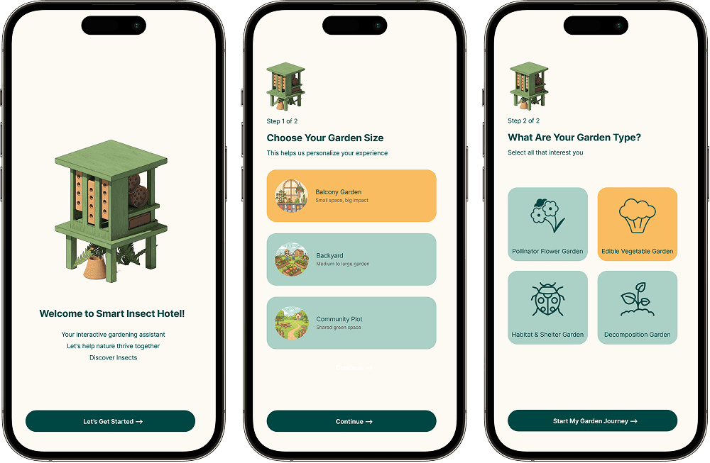 Insects Hotel onboarding screens
