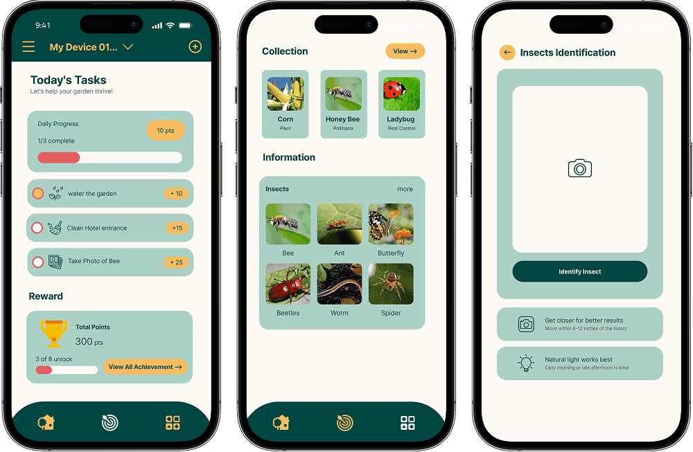 Daily tasks, insect collection and photo identification screens
